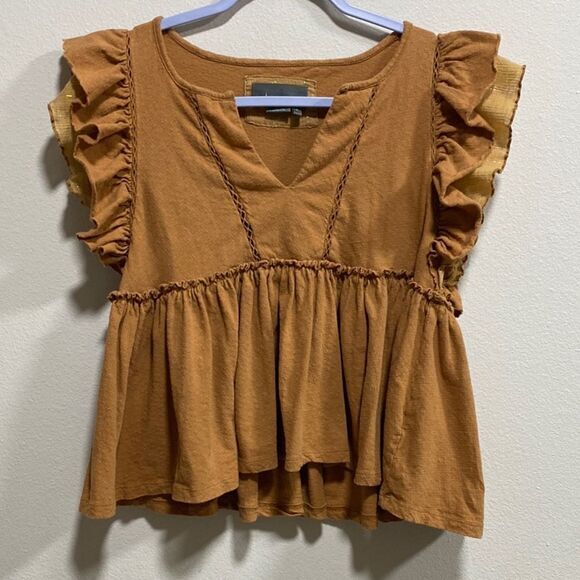 Anthropologie Golden Camel Linen Blend Ruffle Sleeve Babydoll Top | Size XS - Picture 4 of 12